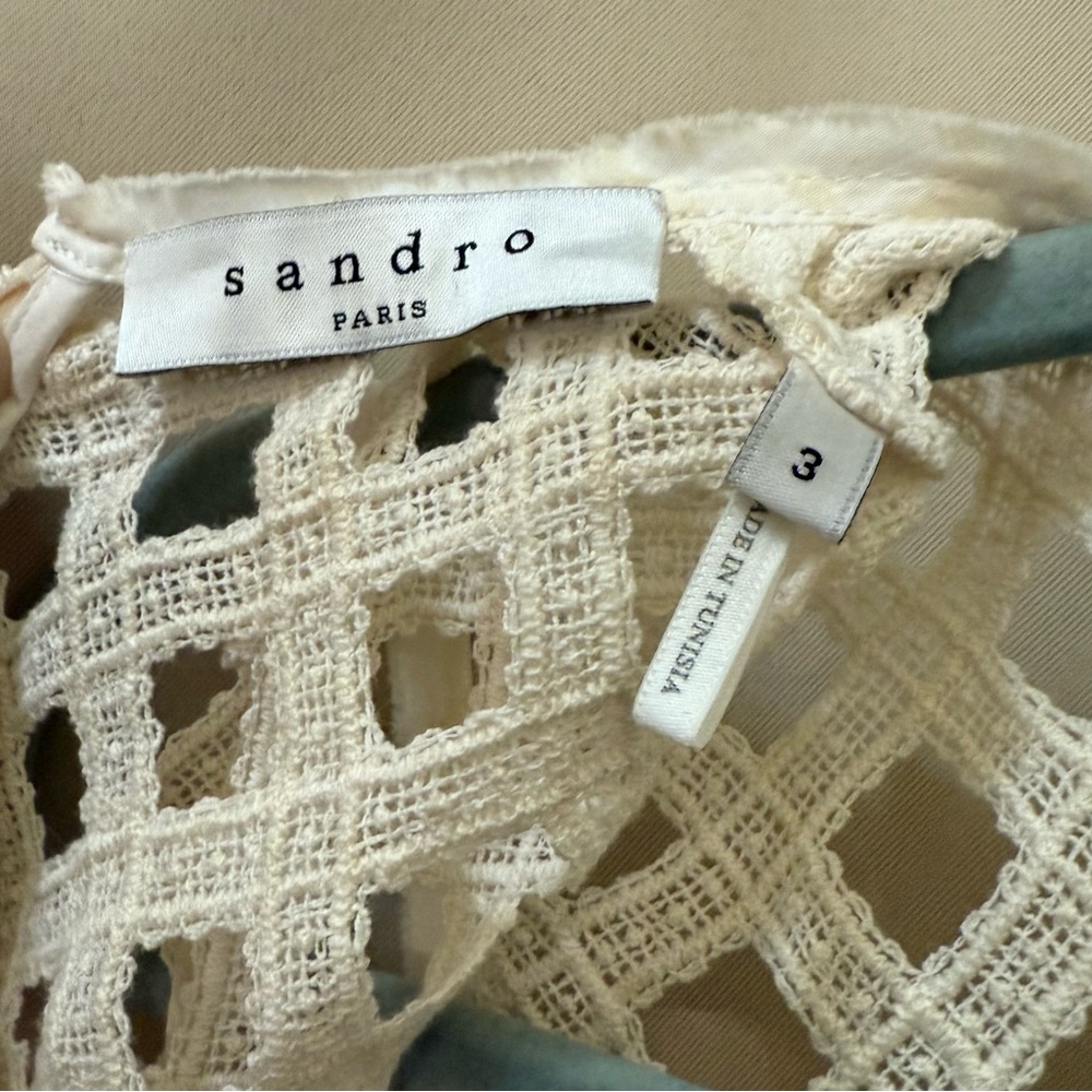 Sandro Paris Rita Linen Cotton Lattice Mini Dress, Cream White, Size 3 (US 8) - Picture 9 of 15